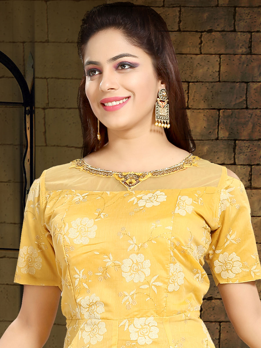 Jonquil Yellow Chanderi Silk Embroidered Party Gown