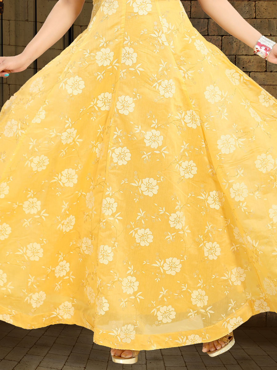 Jonquil Yellow Chanderi Silk Embroidered Party Gown