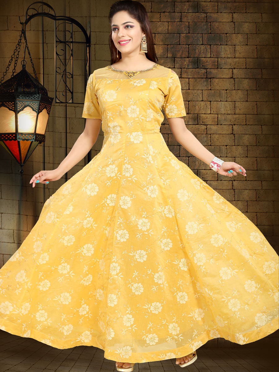 Jonquil Yellow Chanderi Silk Embroidered Party Gown