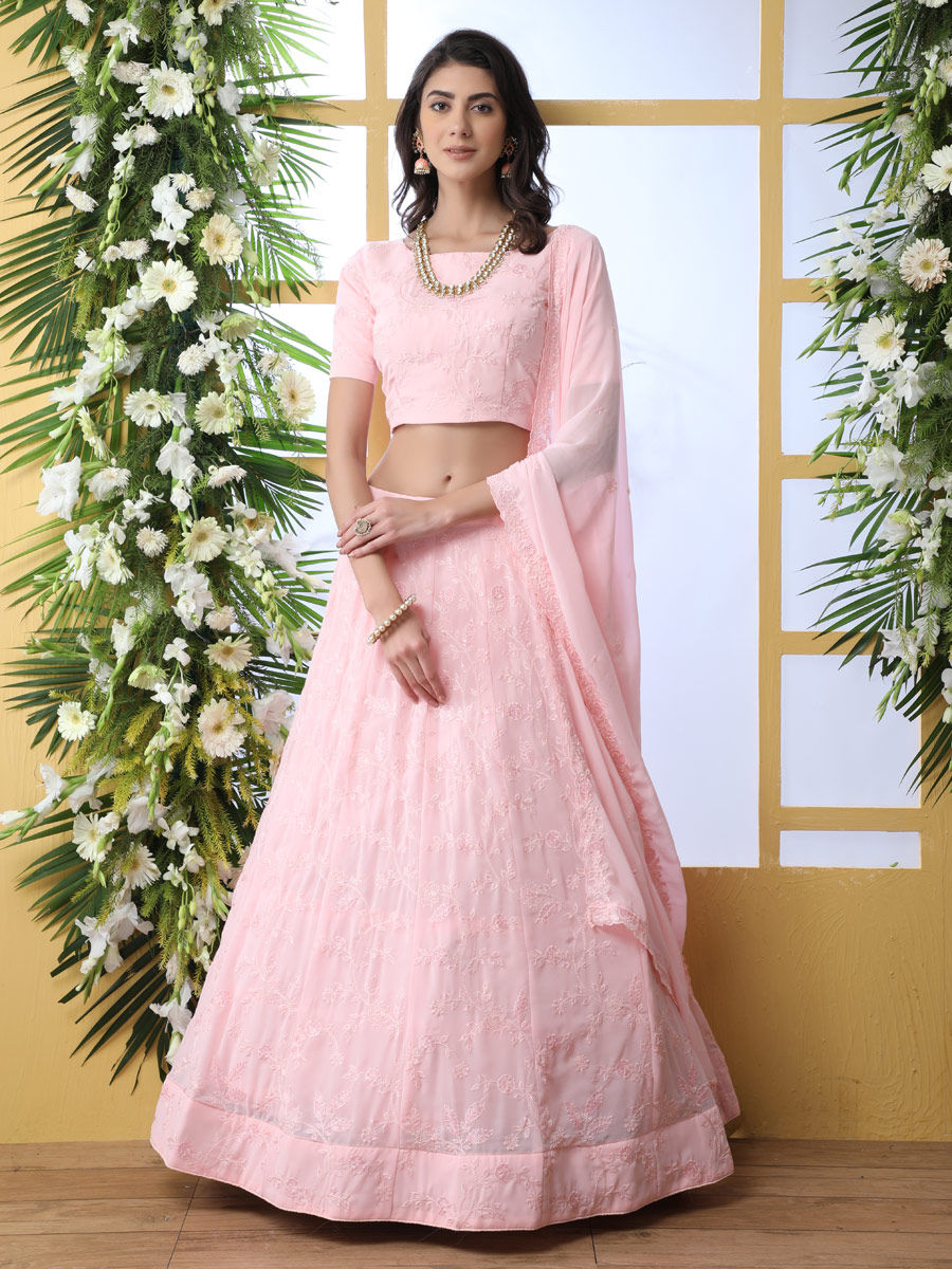 Light Pink Faux Georgette Embroidered Party Lehenga Choli