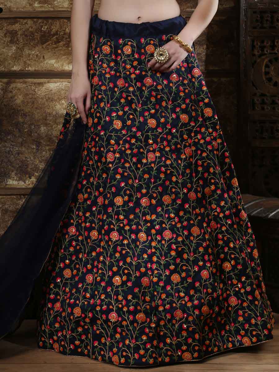 Sapphire Blue Silk Embroidered Party Lehenga Choli