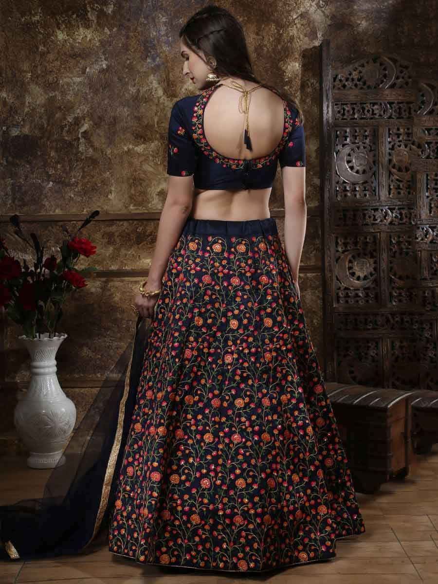 Sapphire Blue Silk Embroidered Party Lehenga Choli