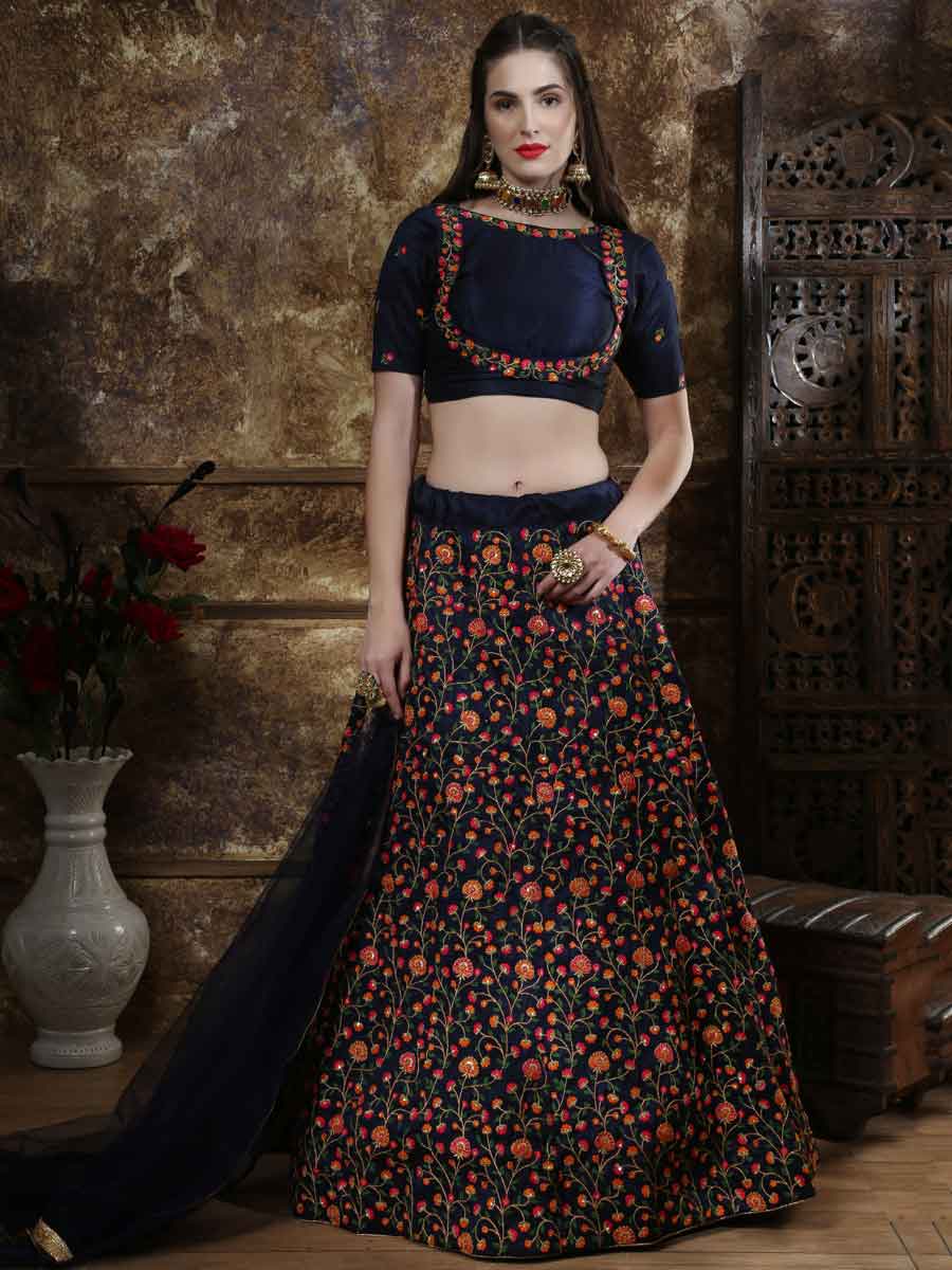 Sapphire Blue Silk Embroidered Party Lehenga Choli
