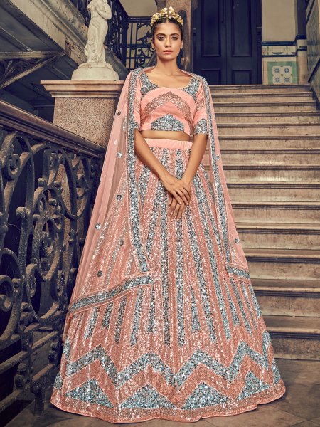 Coral Pink Net Embroidered Bridal Lehenga Choli