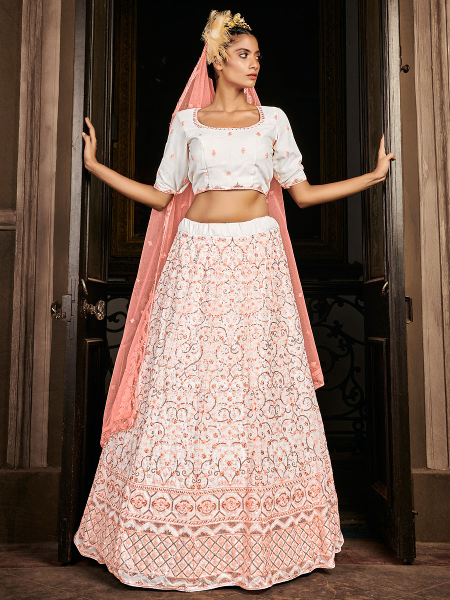 White Faux Georgette Embroidered Bridal Lehenga Choli
