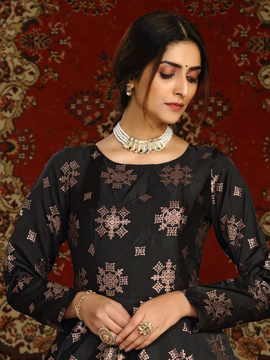 Black Taffeta Silk Printed Party Gown