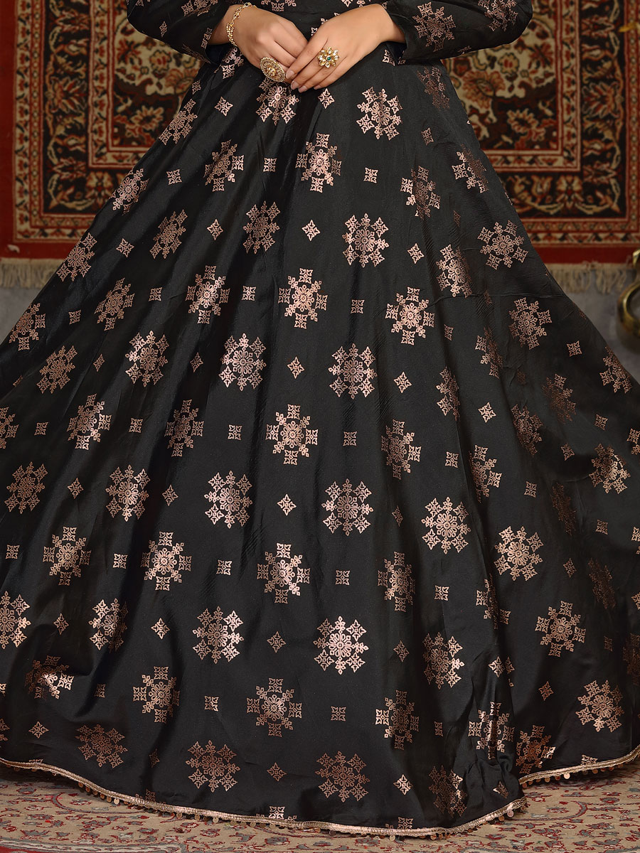 Black Taffeta Silk Printed Party Gown