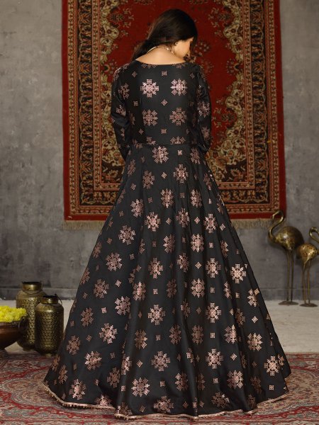 Black Taffeta Silk Printed Party Gown