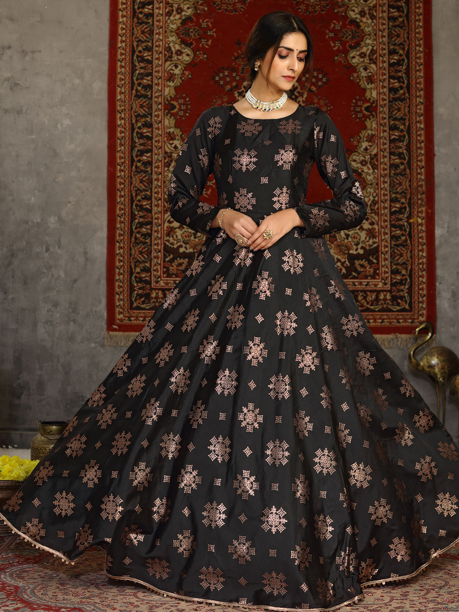 Black Taffeta Silk Printed Party Gown