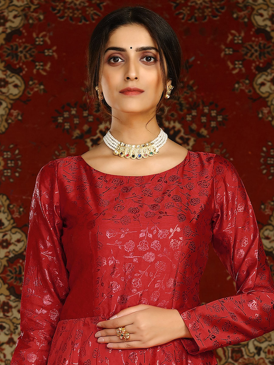 Venetian Red Taffeta Silk Printed Party Gown