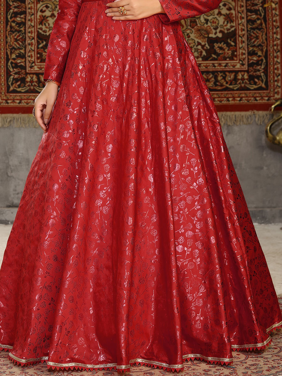 Venetian Red Taffeta Silk Printed Party Gown