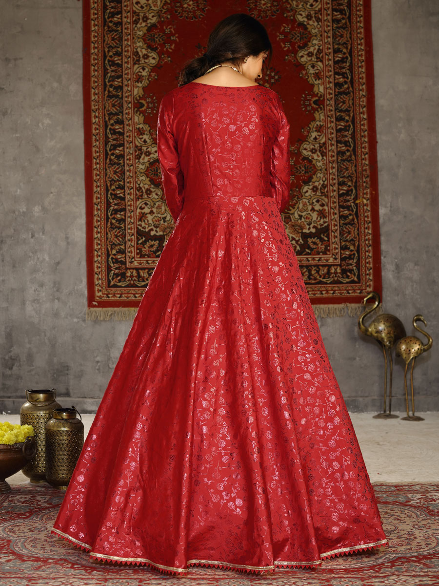 Venetian Red Taffeta Silk Printed Party Gown