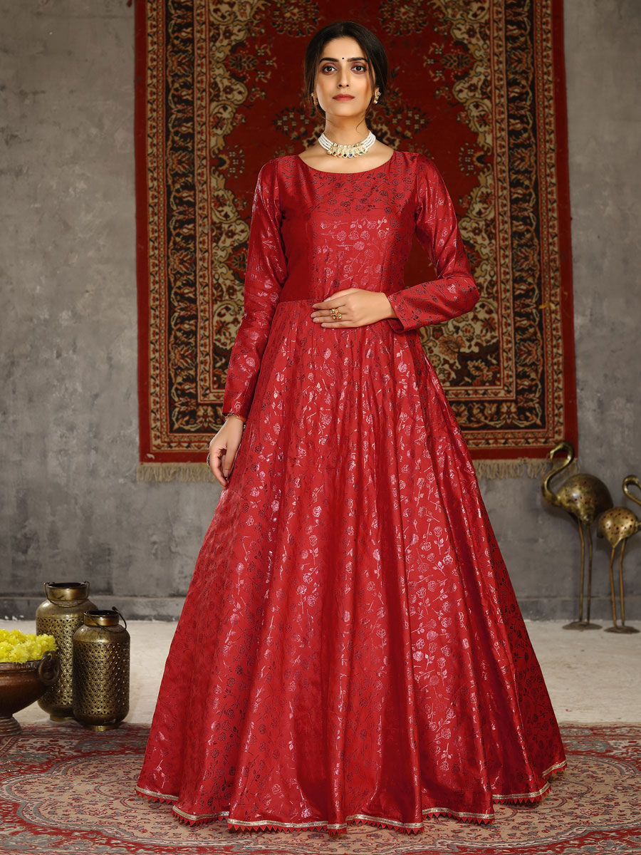 Venetian Red Taffeta Silk Printed Party Gown