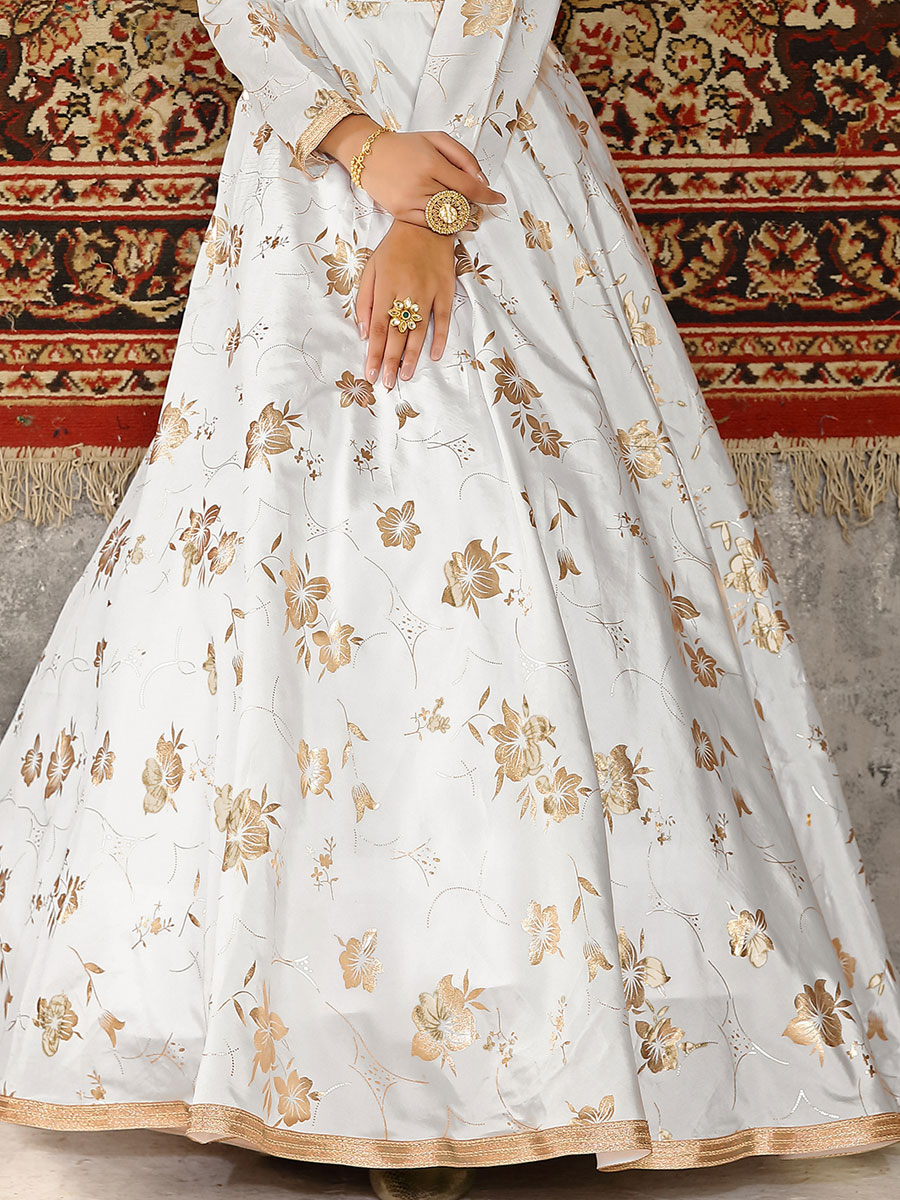 White Taffeta Silk Printed Party Gown