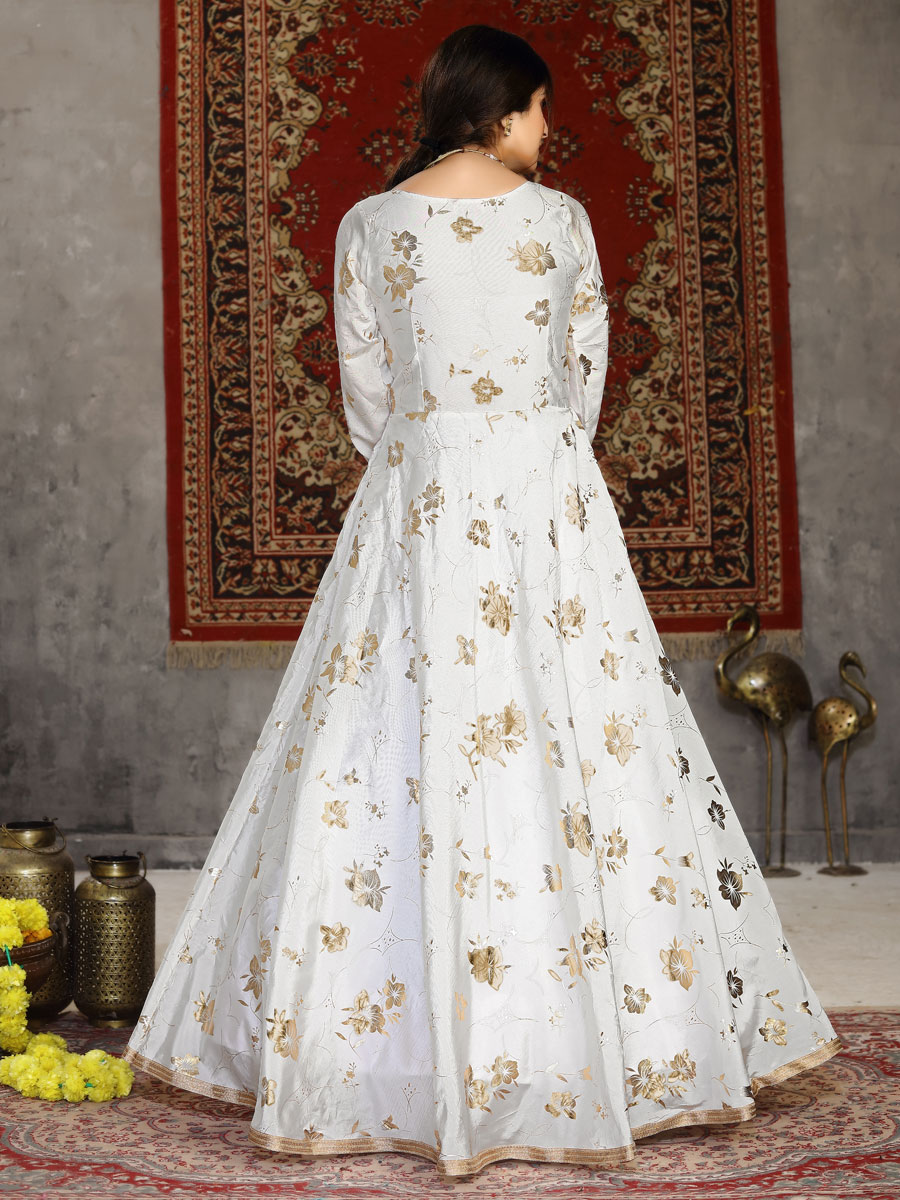 White Taffeta Silk Printed Party Gown