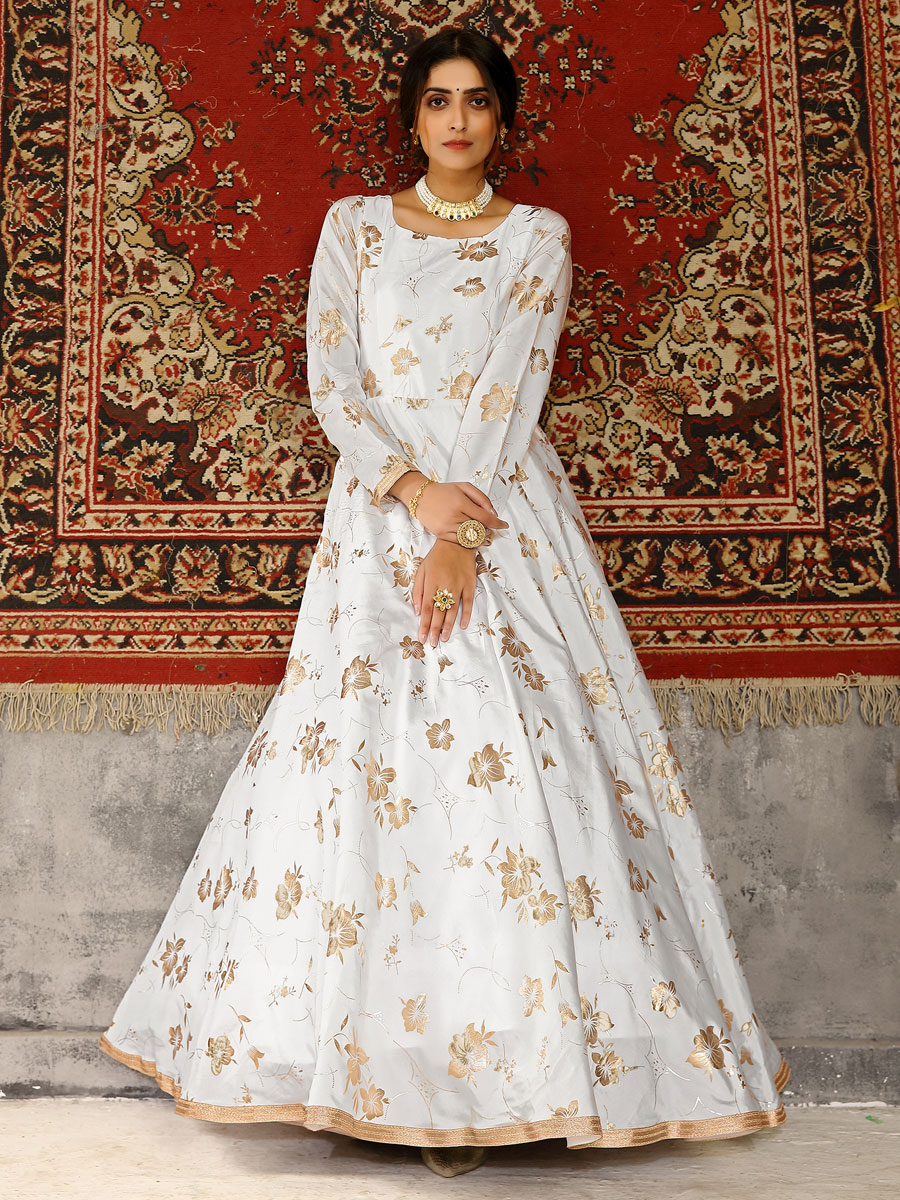 White Taffeta Silk Printed Party Gown
