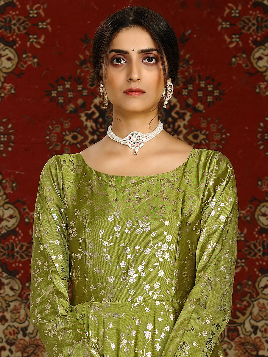 Olive Drab Green Taffeta Silk Printed Party Gown