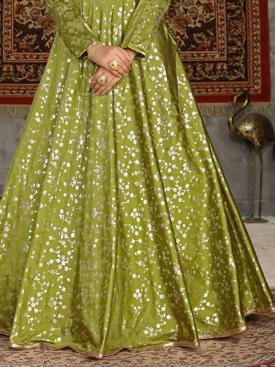 Olive Drab Green Taffeta Silk Printed Party Gown