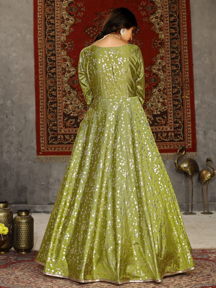Olive Drab Green Taffeta Silk Printed Party Gown