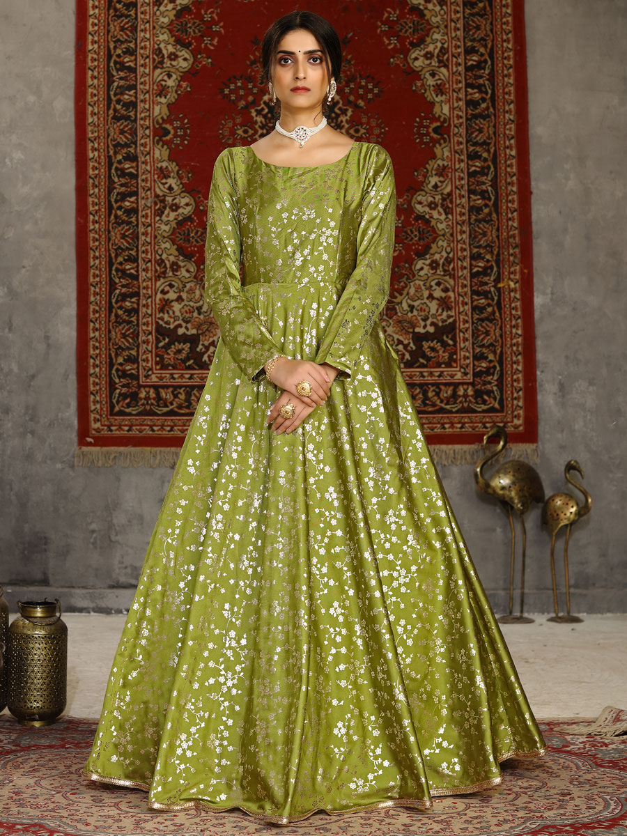 Olive Drab Green Taffeta Silk Printed Party Gown