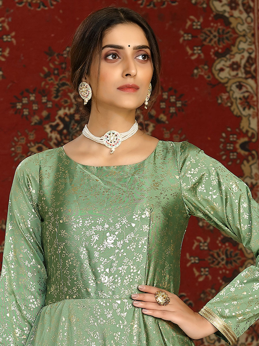 Asparagus GreenTaffeta Silk Printed Party Gown