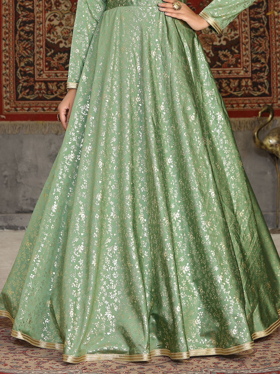 Asparagus GreenTaffeta Silk Printed Party Gown