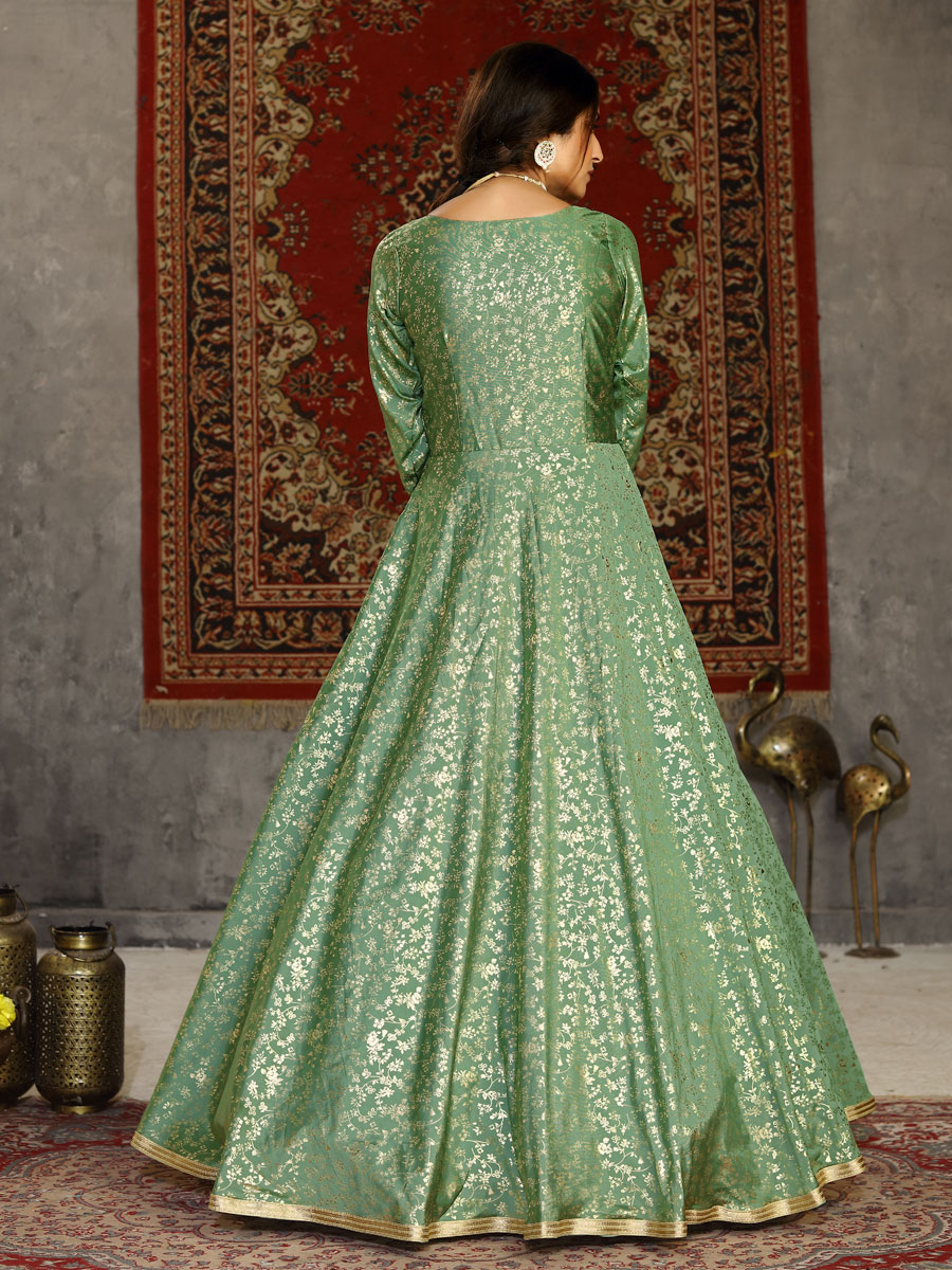 Asparagus GreenTaffeta Silk Printed Party Gown
