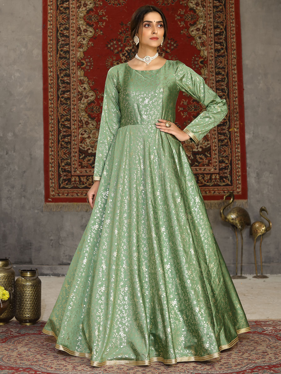 Asparagus GreenTaffeta Silk Printed Party Gown