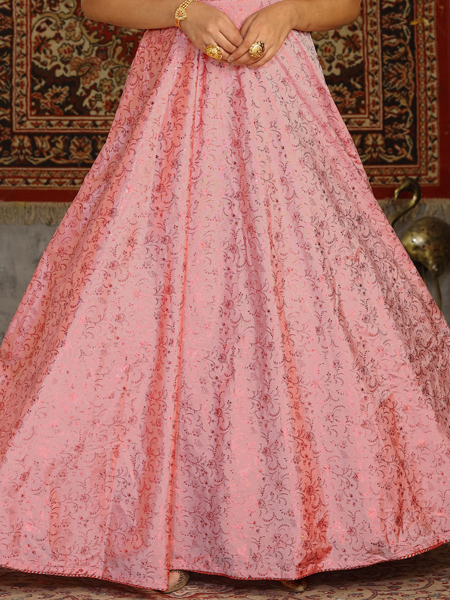 Salmon Pink Taffeta Silk Printed Party Gown