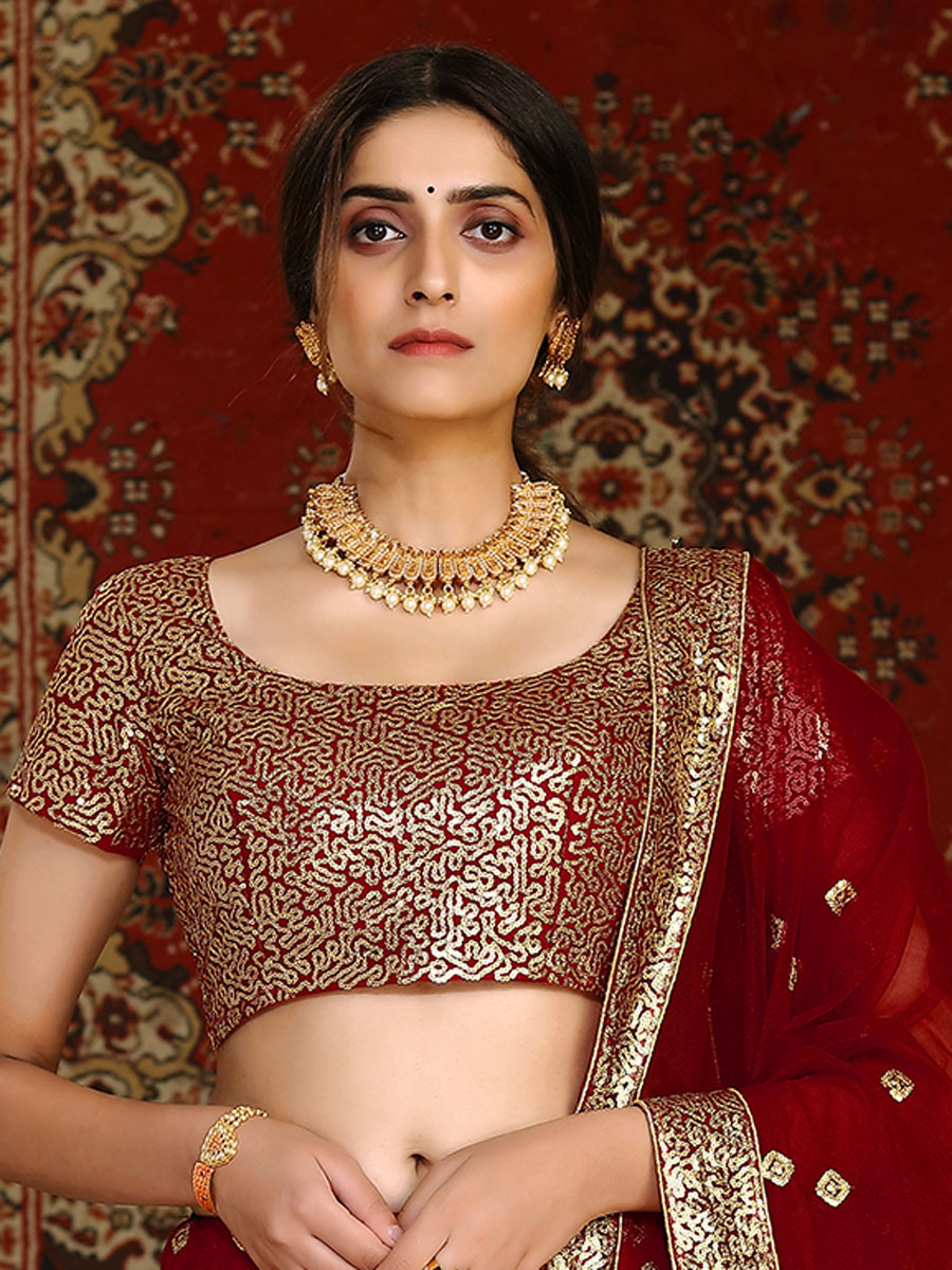 Venetian Red Net Embroidered Wedding Lehenga Choli