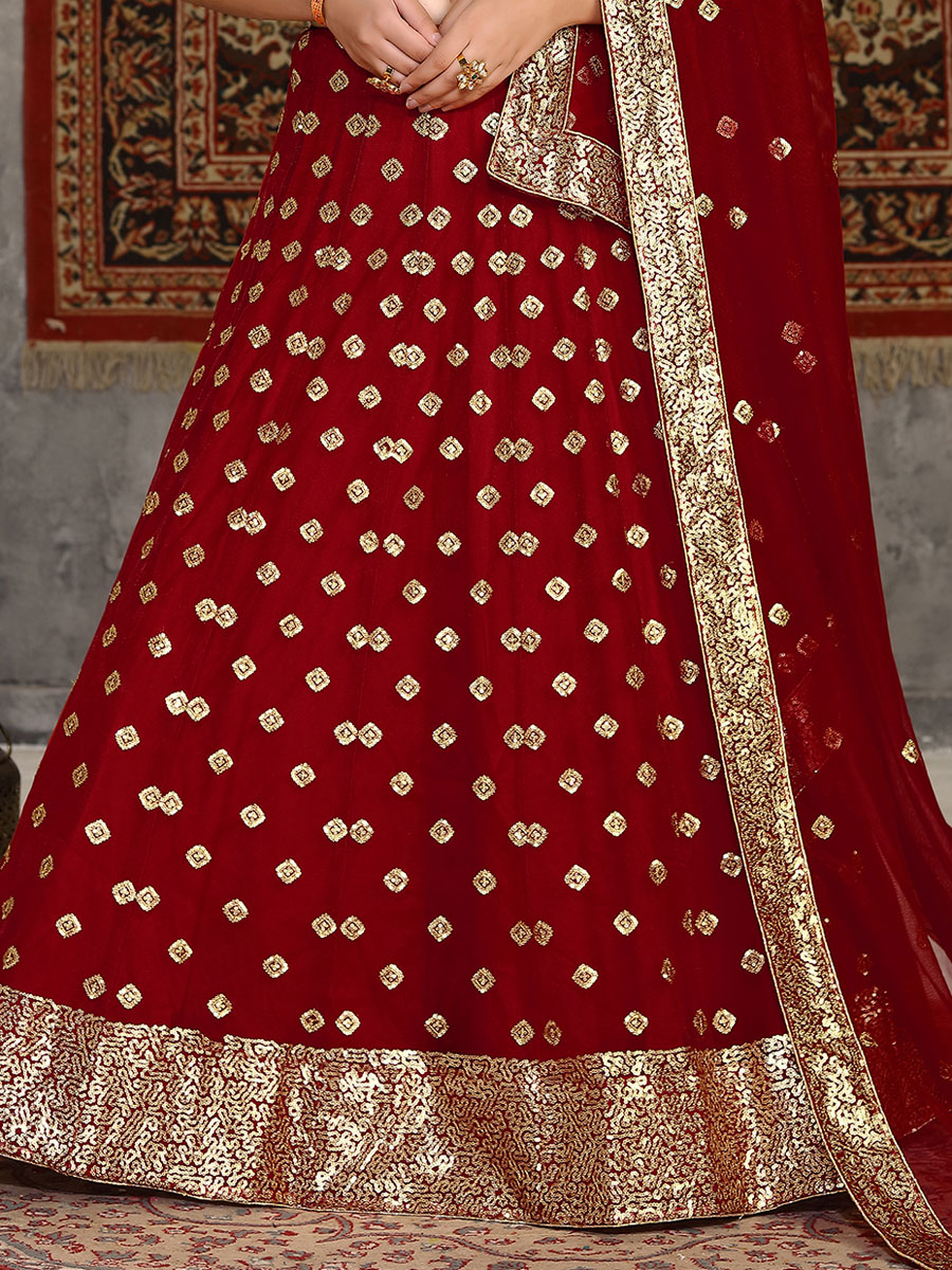 Venetian Red Net Embroidered Wedding Lehenga Choli