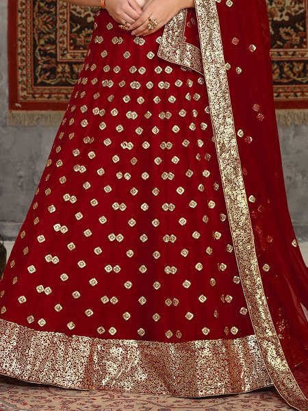 Venetian Red Net Embroidered Wedding Lehenga Choli