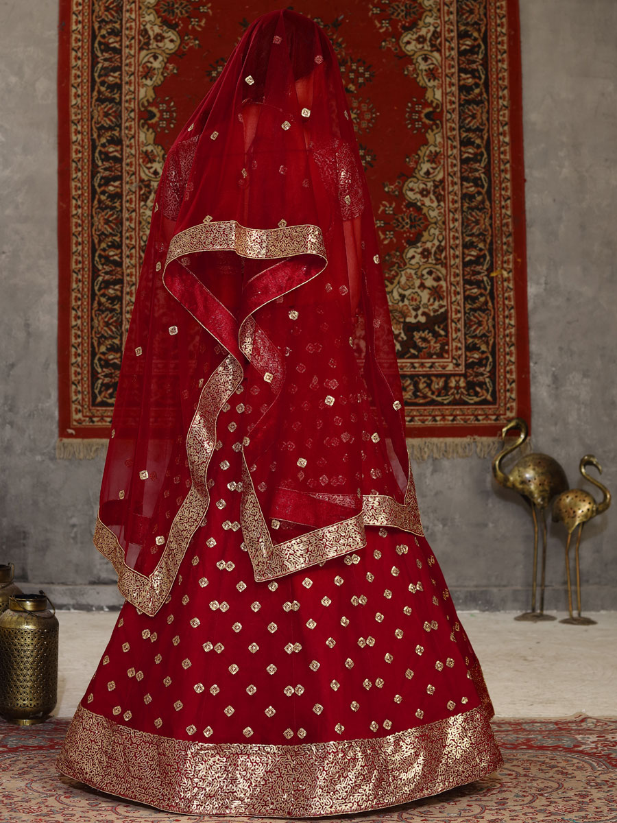 Venetian Red Net Embroidered Wedding Lehenga Choli