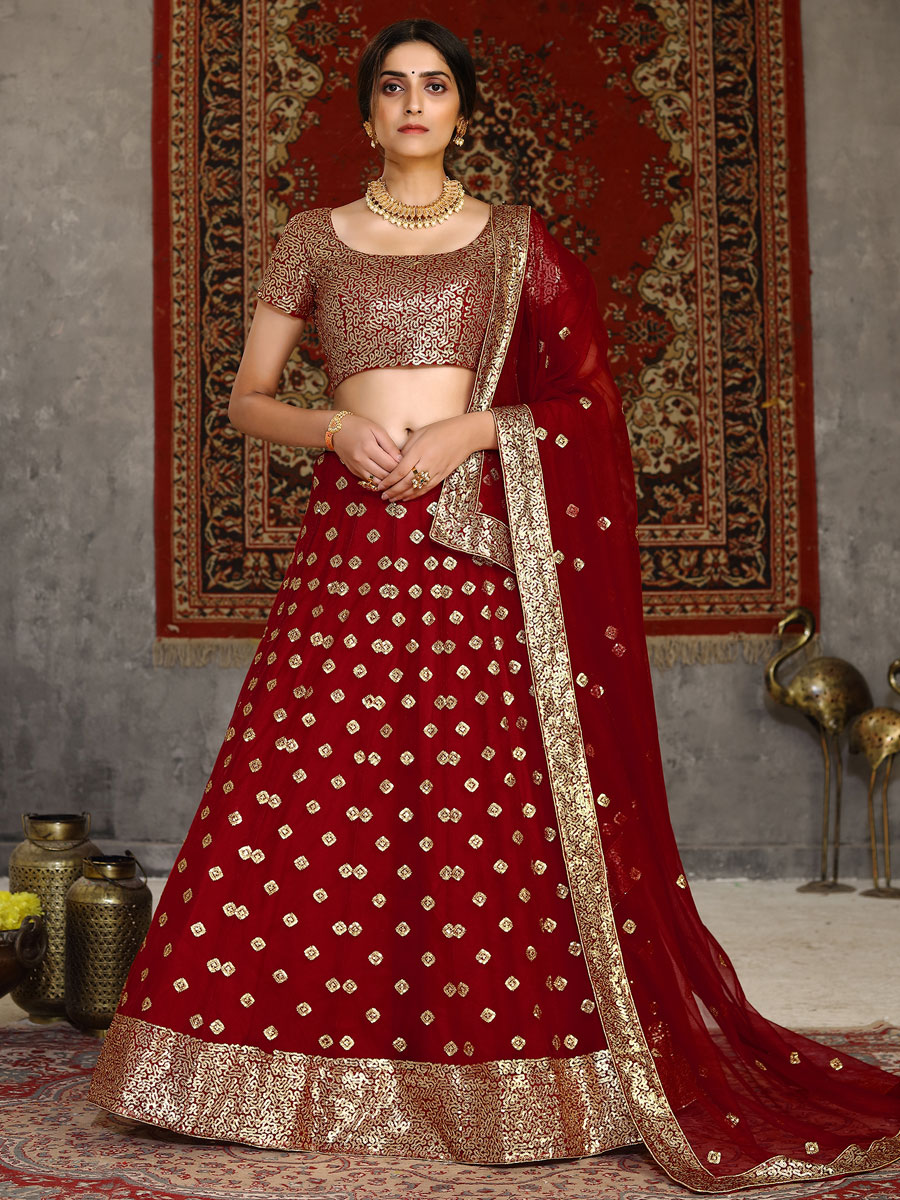 Venetian Red Net Embroidered Wedding Lehenga Choli