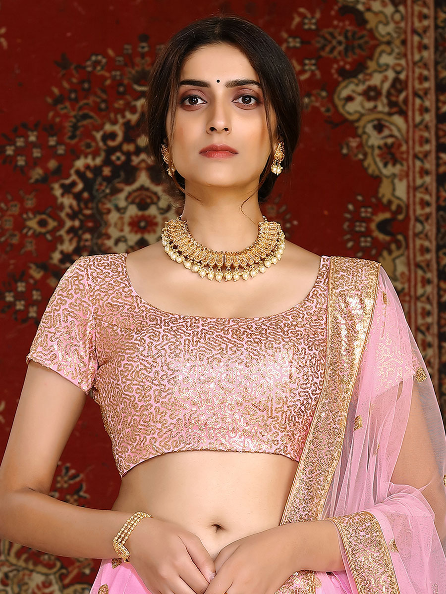 Lavander Pink Net Embroidered Wedding Lehenga Choli