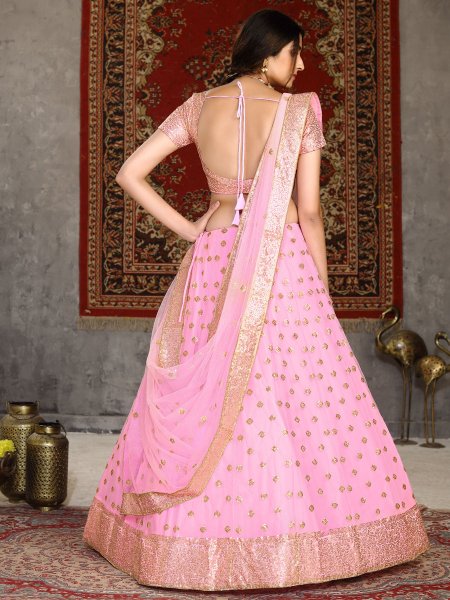 Lavander Pink Net Embroidered Wedding Lehenga Choli