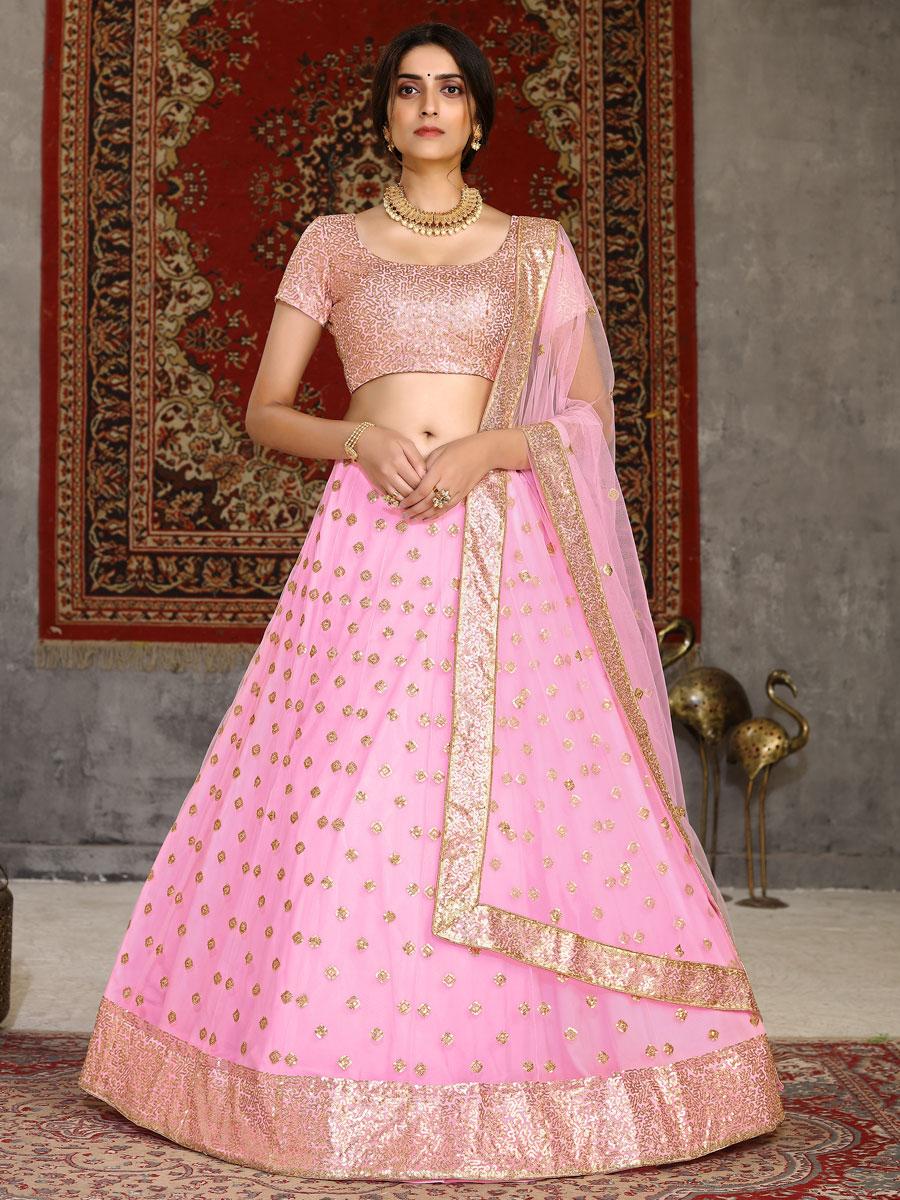 Lavander Pink Net Embroidered Wedding Lehenga Choli