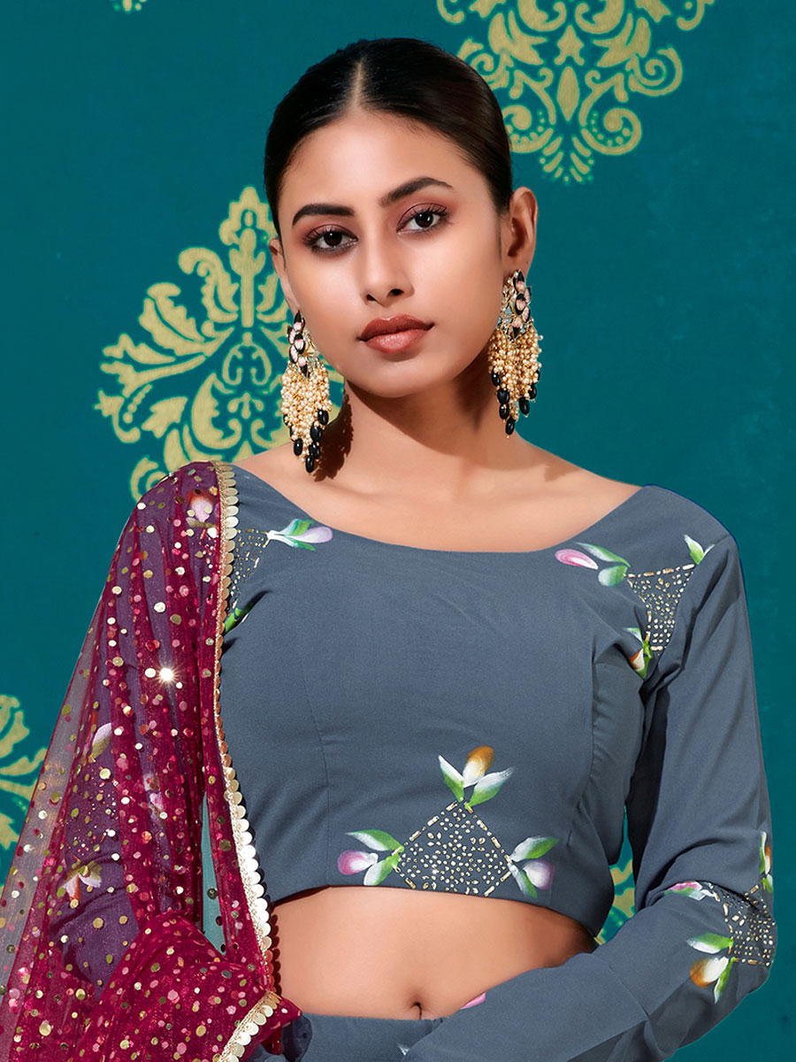 Steel Blue Faux Georgette Printed Party Lehenga Choli