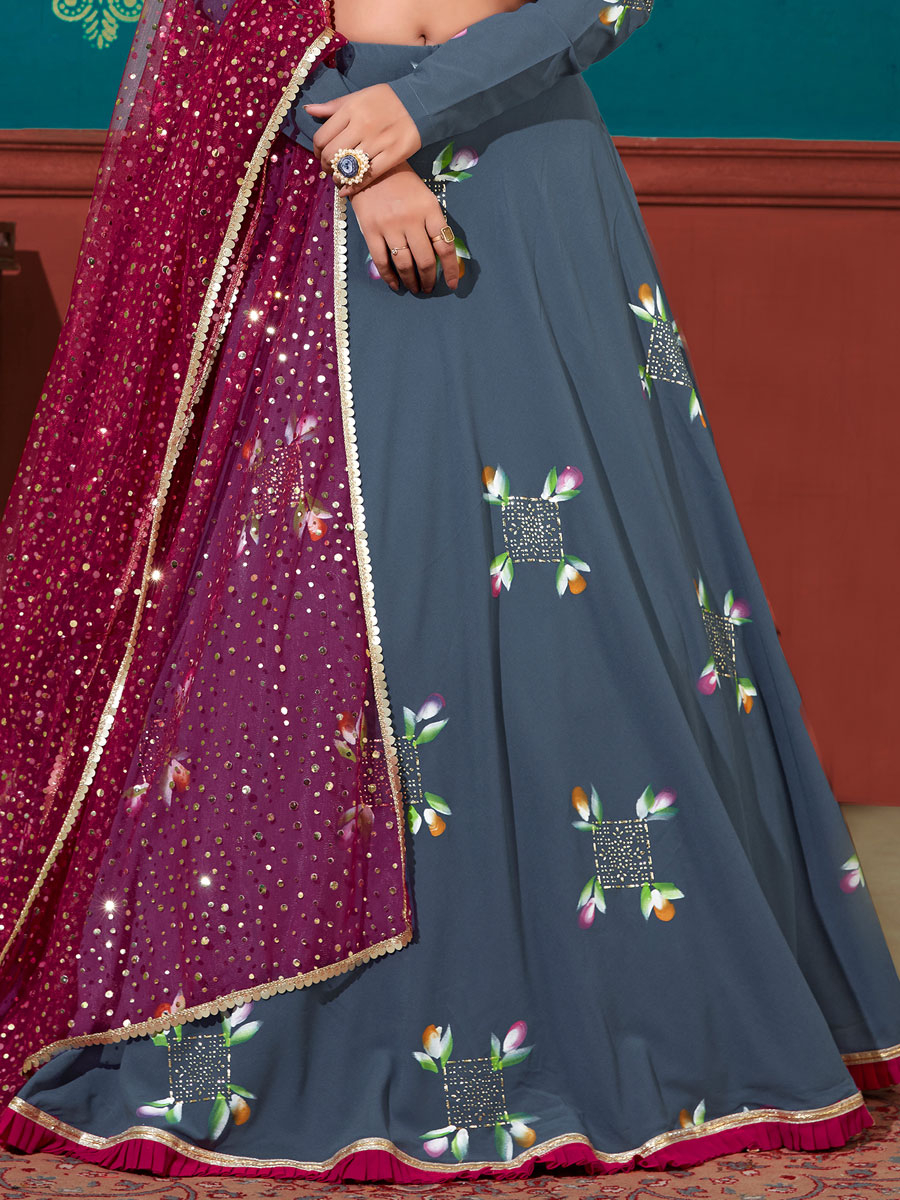 Steel Blue Faux Georgette Printed Party Lehenga Choli