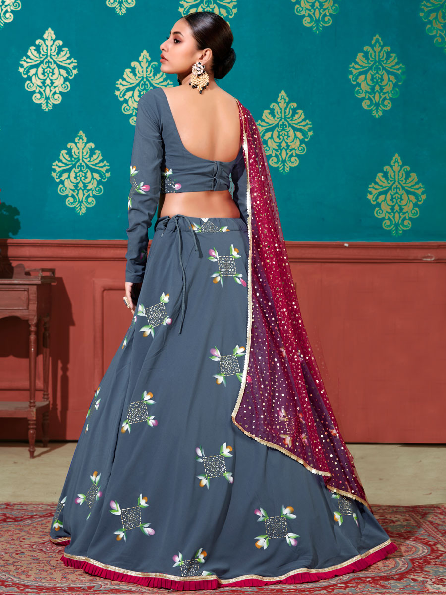 Steel Blue Faux Georgette Printed Party Lehenga Choli