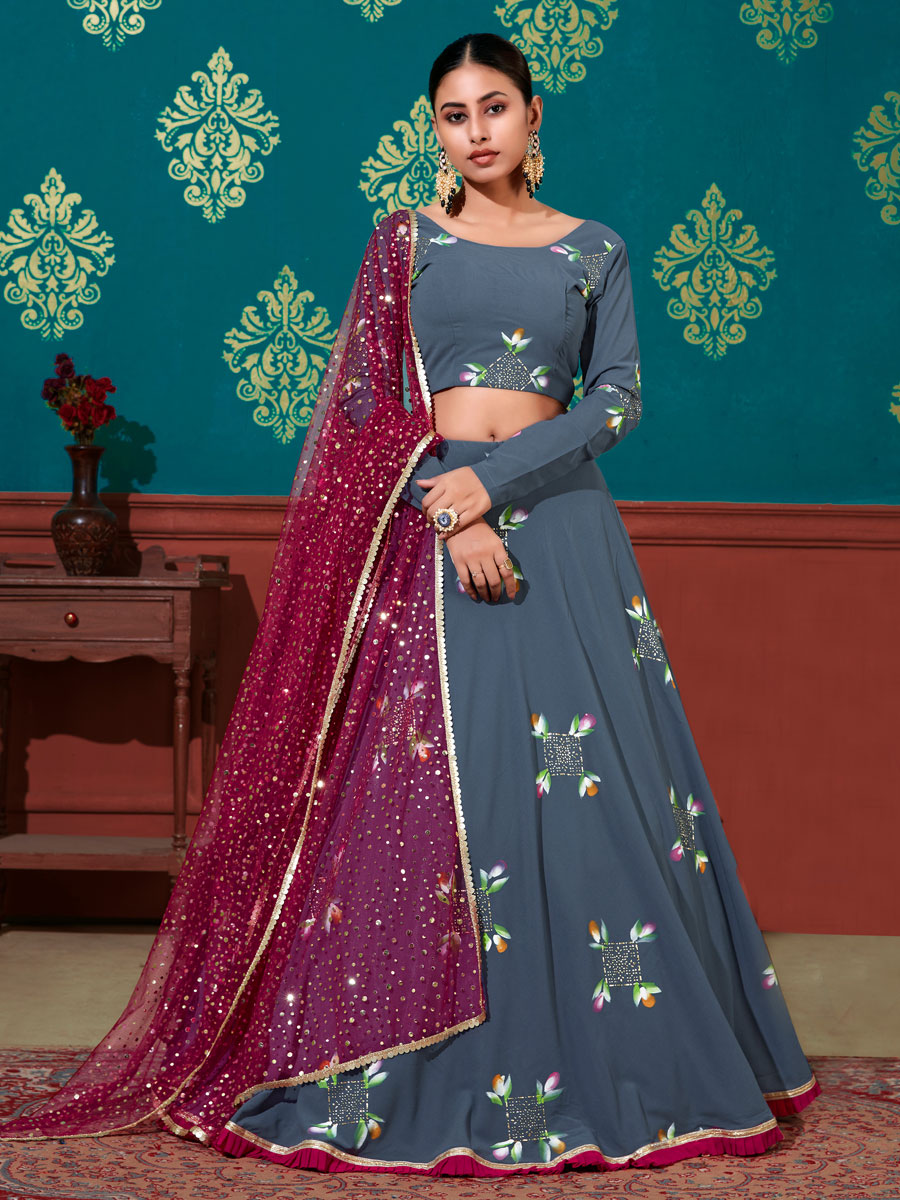 Steel Blue Faux Georgette Printed Party Lehenga Choli