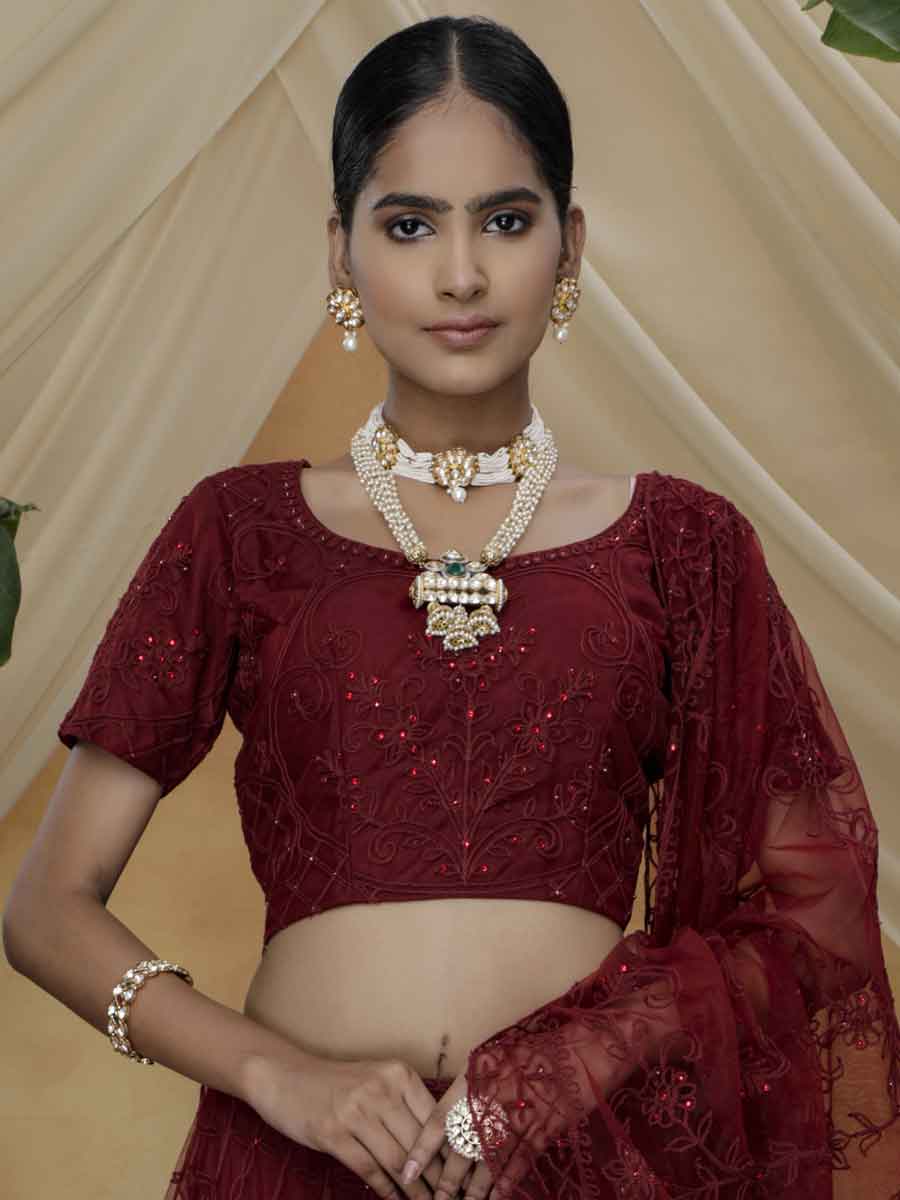 Maroon Net Embroidered Wedding Lehenga Choli