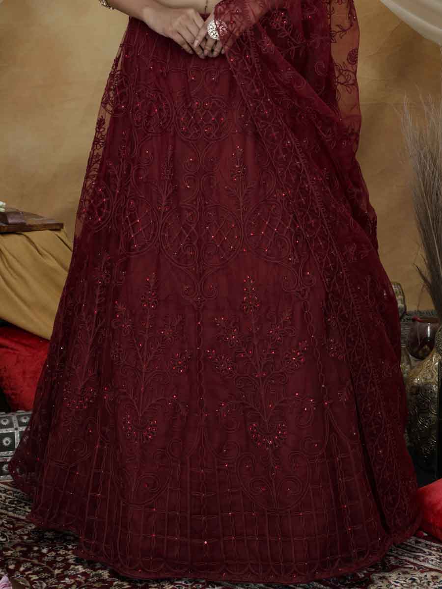 Maroon Net Embroidered Wedding Lehenga Choli