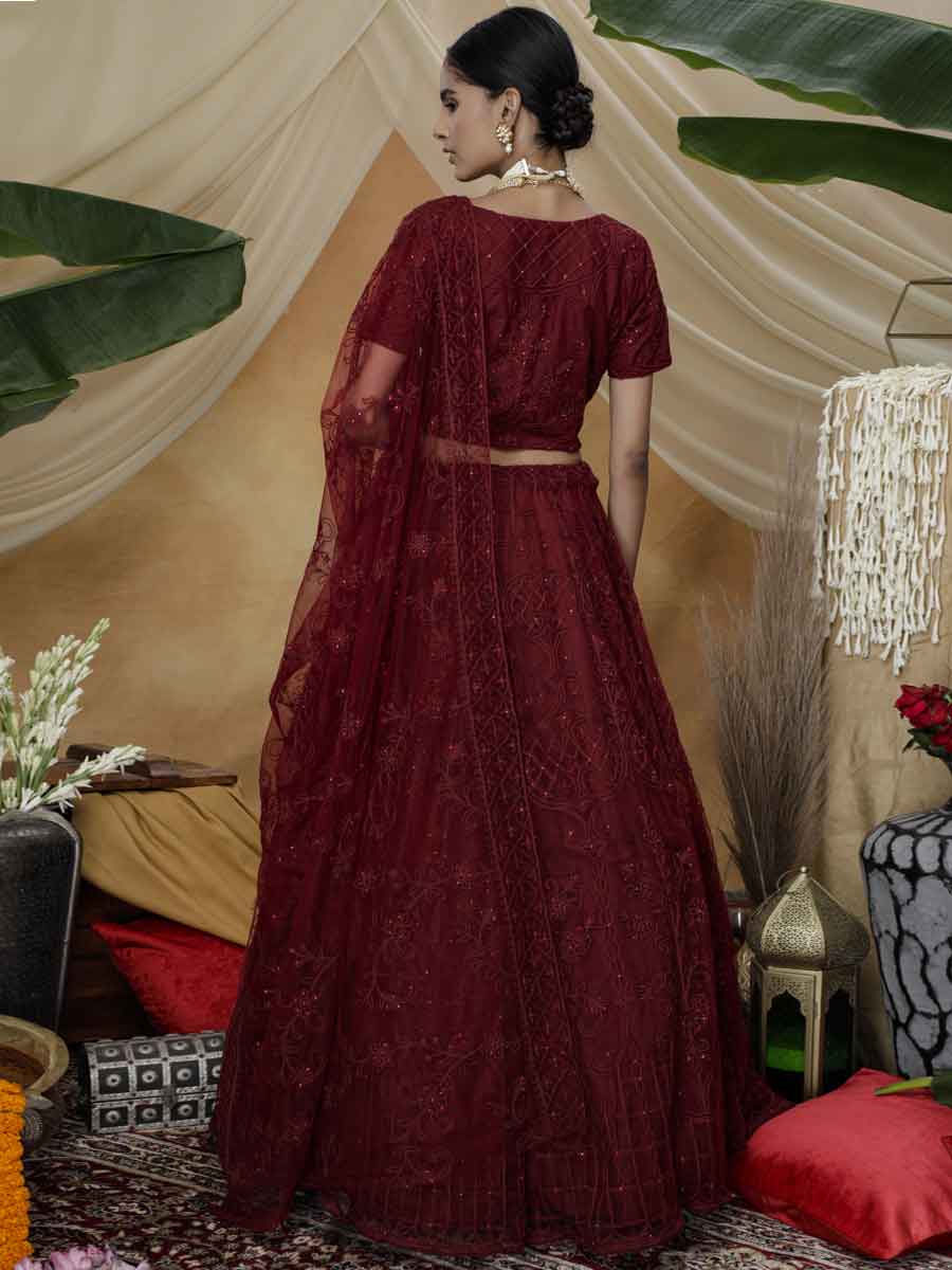 Maroon Net Embroidered Wedding Lehenga Choli