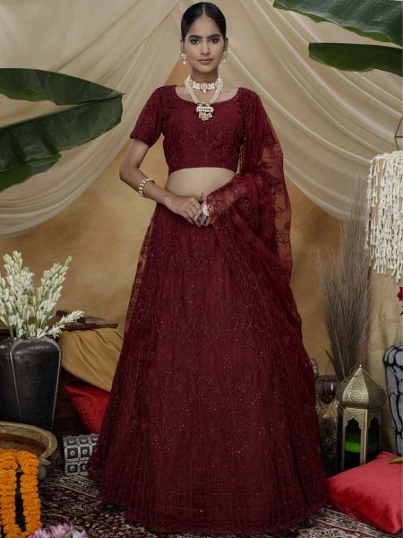 Maroon Net Embroidered Wedding Lehenga Choli