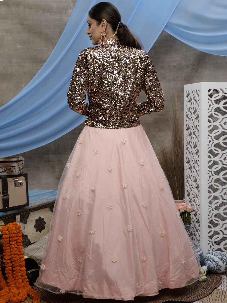 Coral Pink Net Embroidered Party Lehenga Choli