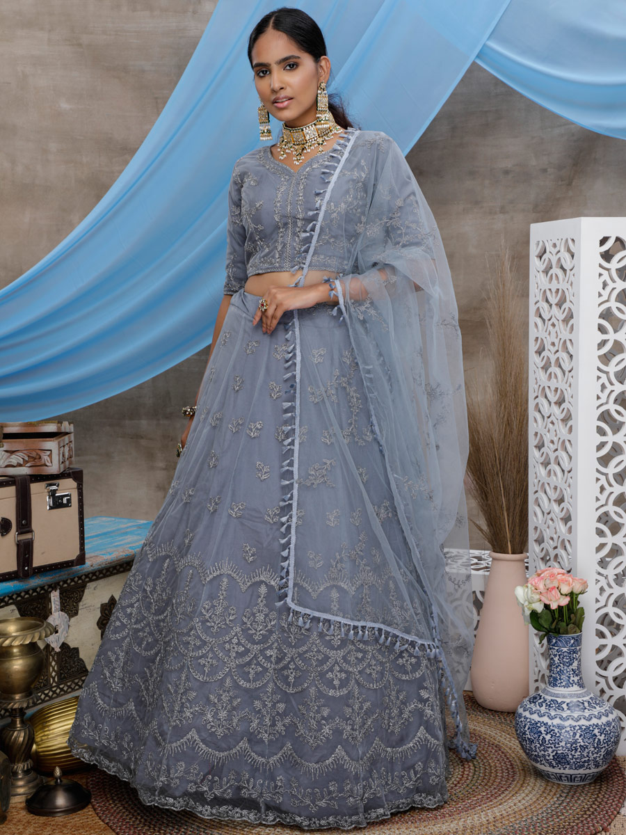 Gray Net Embroidered Wedding Lehenga Choli