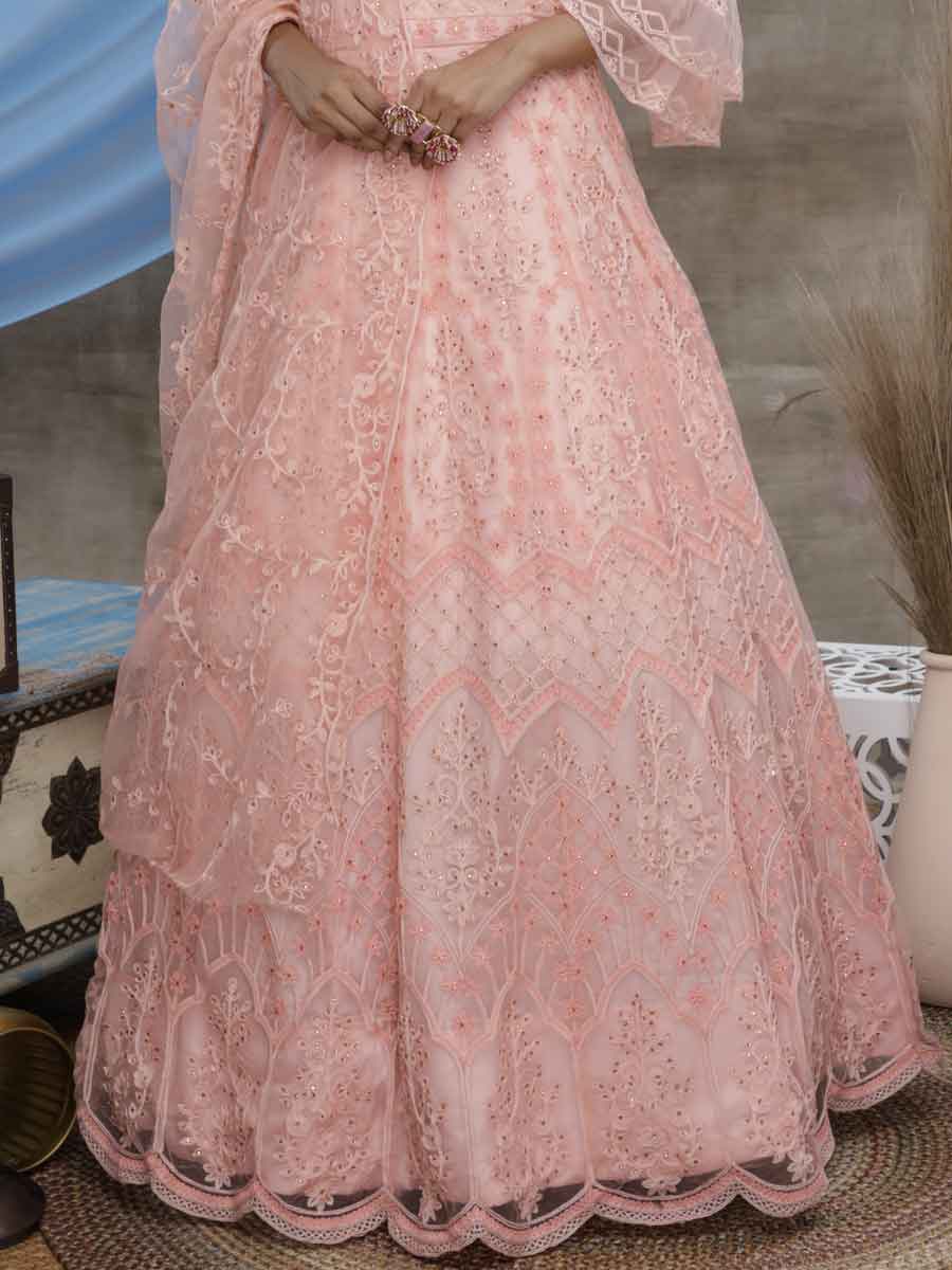 Coral Pink Net Embroidered Party Gown