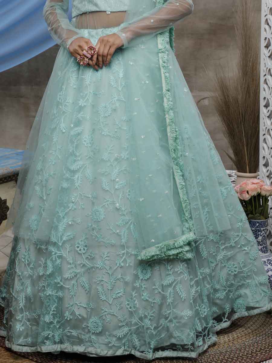 Light Jungle Green Net Embroidered Party Gown