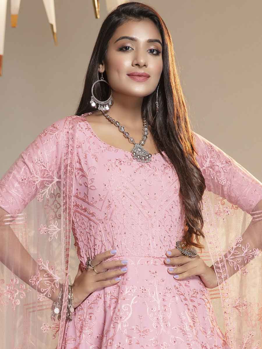 Salmon Pink Georgette Embroidered Festival Gown